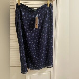 NWT Laura Ashley Dark Blue Floral Midi Silk Skirt 12